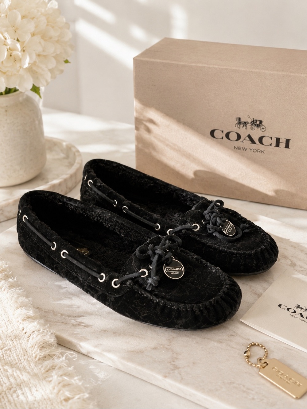 Coach Antonia Black Suede Signature Embossed Fur Lined Moccasin Loafers Size 7.5